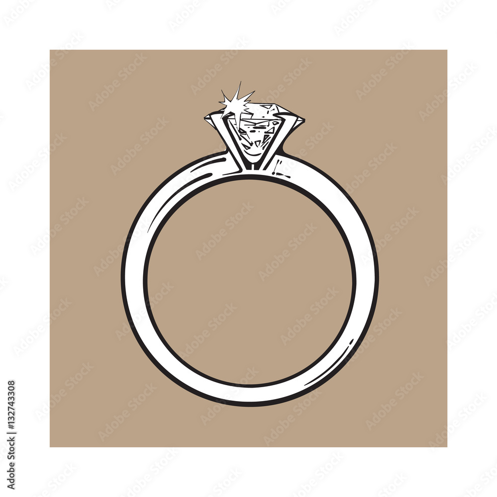 Golden engagement ring with a big shining diamond, sketch style  illustration isolated on brown background. Realistic hand drawing of  traditional marriage, engagement ring with a diamond Stock-Vektorgrafik |  Adobe Stock