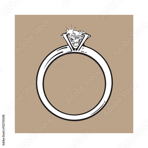 Golden engagement ring with a big shining diamond, sketch style illustration isolated on brown background. Realistic hand drawing of traditional marriage, engagement ring with a diamond