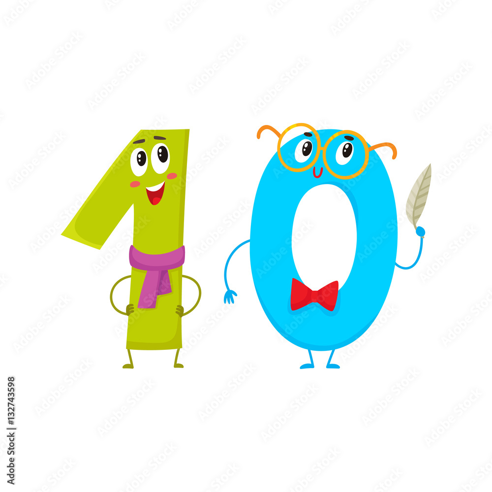 Cute and funny colorful 10 number characters, cartoon vector illustration  isolated on white background. One and zero, ten smiling characters,  birthday greetings, anniversary Stock Vector | Adobe Stock