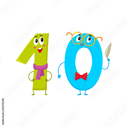 Cute and funny colorful 10 number characters, cartoon vector illustration isolated on white background. One and zero, ten smiling characters, birthday greetings, anniversary