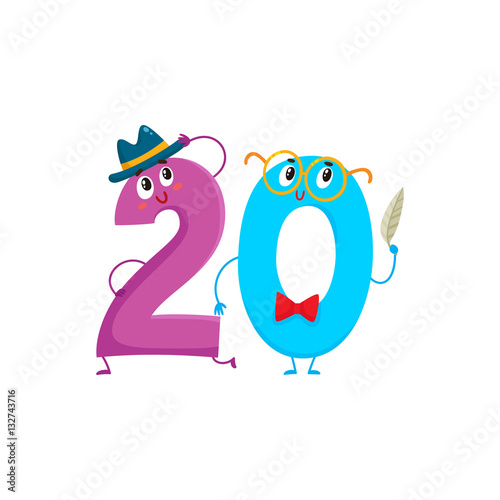 Cute and funny colorful 20 number characters, cartoon vector illustration isolated on white background. twenty smiling characters, birthday greetings, anniversary