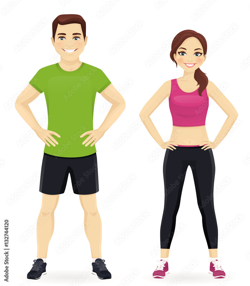 Young man and woman in sports outfits isolated Young man and woman in sports outfits isolated