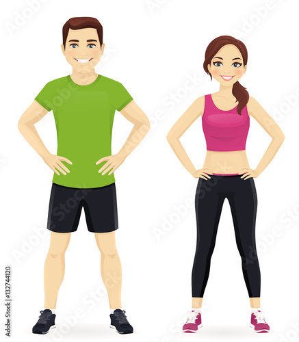 Young man and woman in sports outfits isolated © Volha Hlinskaya