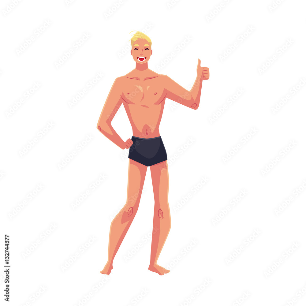 Young fair haired athletic man in swimming shorts giving thumb up, cartoon style vector illustration isolated on white background. Young and handsome blond haired man standing in shorts Young fair haired athletic man in swimming shorts giving thumb up, cartoon style vector illustration isolated on white background. Young and handsome blond haired man standing in shorts