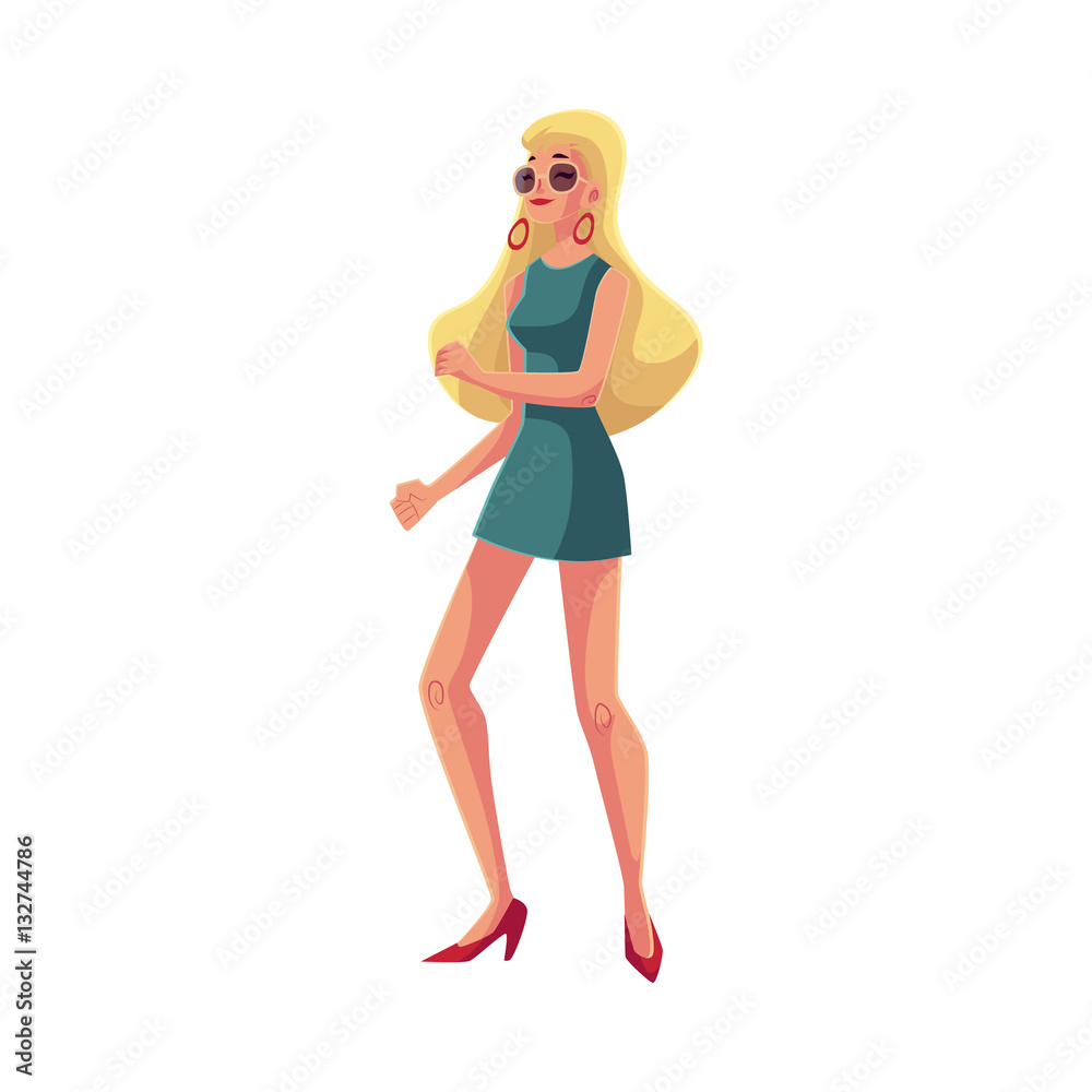 Young woman with long blond hair in short 1960s style dress dancing disco, cartoon style vector illustration isolated on white background. Girl, woman in sunglasses with long blond hair
