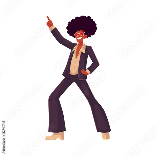 Man in afro wig and 1970s style clothes dancing disco, cartoon style vector illustration isolated on white background. Young man in star sunglasses and afro wig dancing at retro disco party