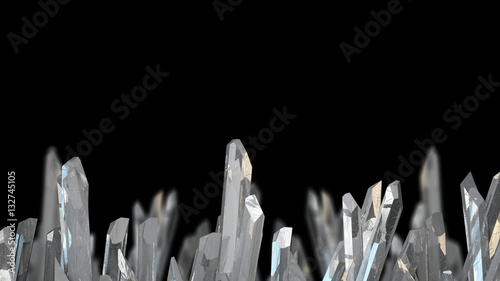 3D illustration of crystal stone macro mineral. Quartz crystals on black background.