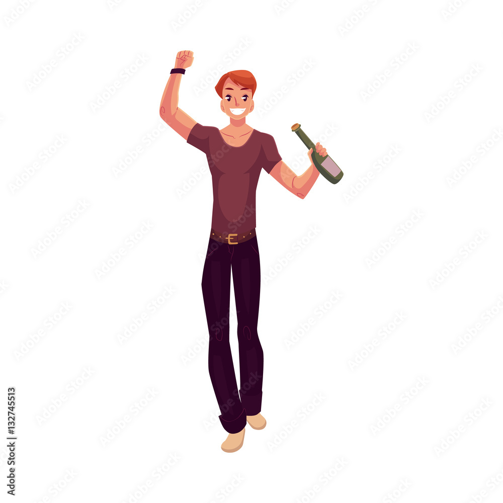 Young man dancing with beer bottle at party, in night club, cartoon vector illustration isolated on white background. Young handsome man dancing at a nightclub, drinking beer, having fun