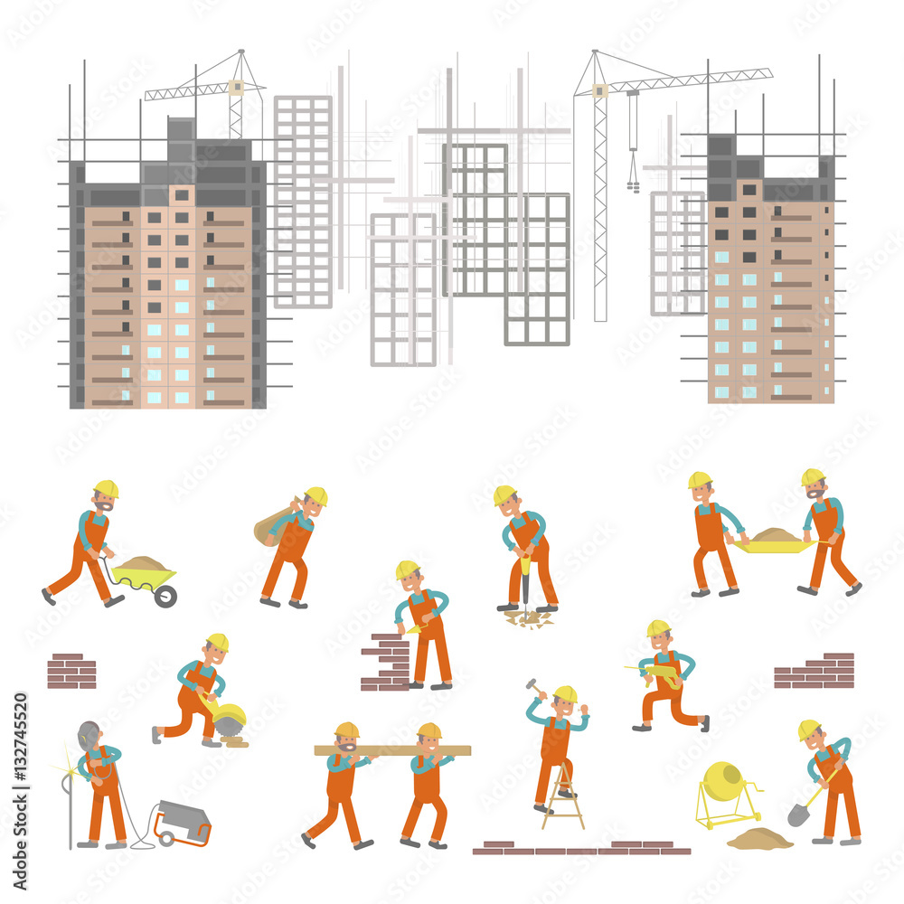 Naklejka premium Illustration for construction site with cranes and skyscraper. Character workers, laborers in different pouses in flat design. Isolated on white background. Vector eps10