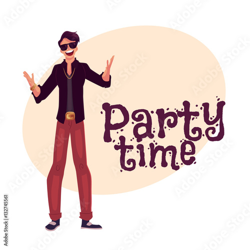 Young stylish clubber man wearing sunglasses and golden chain at a party, drinking cocktails, having fun, cartoon style invitation, greeting card design. Party invitation, advertisement, Man