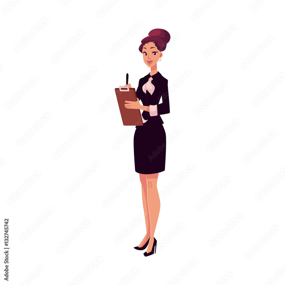 Young beautiful restaurant, cafe female manager in black dress meeting  guests, cartoon vector illustration isolated on white background. Full  length portrait of restaurant manager with a tablet Stock Vector | Adobe  Stock