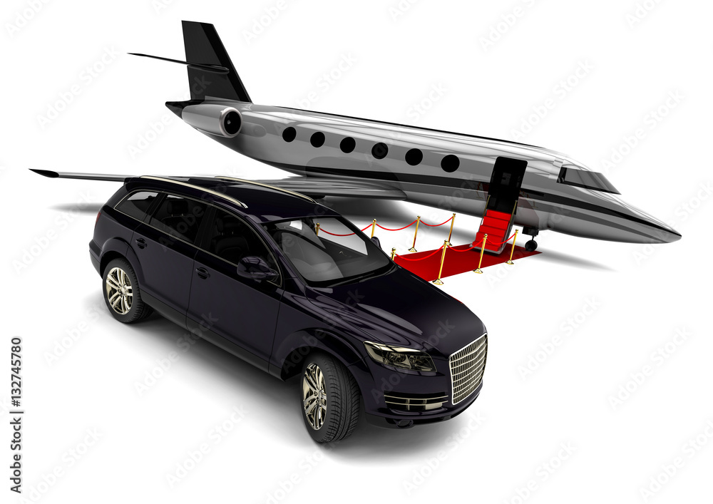 Luxury SUV with private Jet plane an red carpet  / 3D render image representing an luxury SUV with a plane and a red carpet