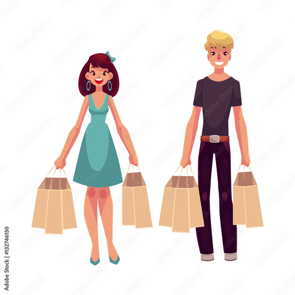 Young man and woman with shopping bags, cartoon vector illustration isolated on white background. Full length portrait of young couple, friends shopping together, holding paper bags Young man and woman with shopping bags, cartoon vector illustration isolated on white background. Full length portrait of young couple, friends shopping together, holding paper bags