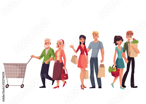 Couples of young, middle aged and old, senior people shopping together, cartoon vector illustration isolated on white background. Young and old couples holding shopping bags, walking in the mall