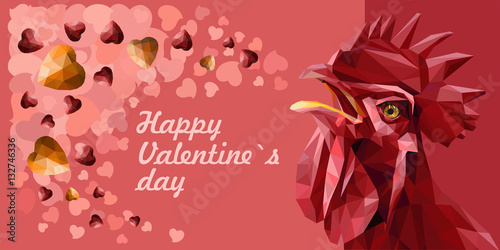 Valentine's greeting card with red rooster and red, yellow gemstones hearts. Vector illustration.