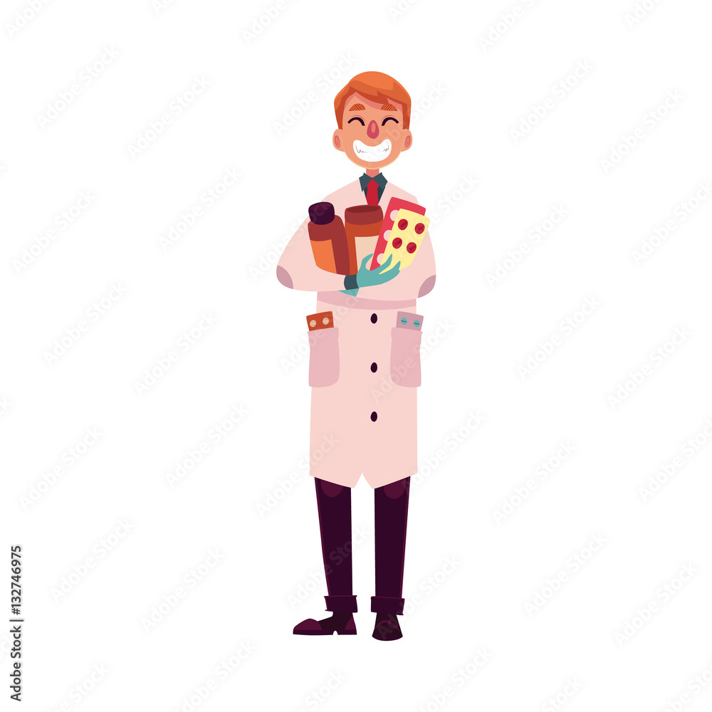 Funny pharmacist in lab coat and rubber gloves holding many pills and bottles, cartoon vector illustration isolated on white background. Male pharmacy, drug store worker smiling happily Funny pharmacist in lab coat and rubber gloves holding many pills and bottles, cartoon vector illustration isolated on white background. Male pharmacy, drug store worker smiling happily