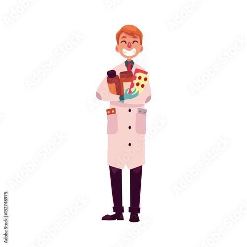 Funny pharmacist in lab coat and rubber gloves holding many pills and bottles, cartoon vector illustration isolated on white background. Male pharmacy, drug store worker smiling happily