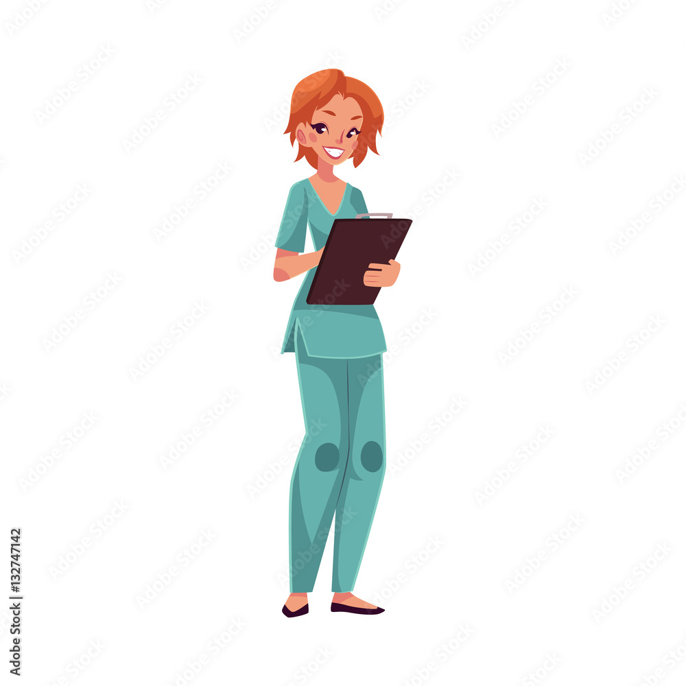 Nurse in blue uniform, tunic and trousers, standing and writing on clipboard, cartoon vector illustration isolated on white background. Female nurse, hospital worker in blue uniform