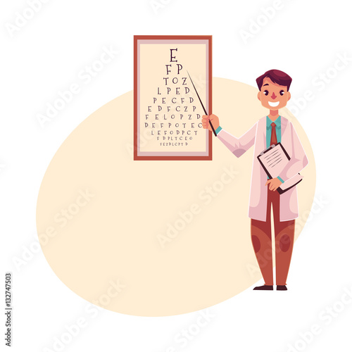 Optometrist doctor standing and pointing to a letter on eye examination chart, cartoon vector on background with place for text. Male optometrist, eye desease specialist