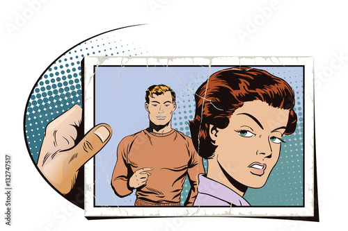 Girl offended on guy. Hand with photo.
