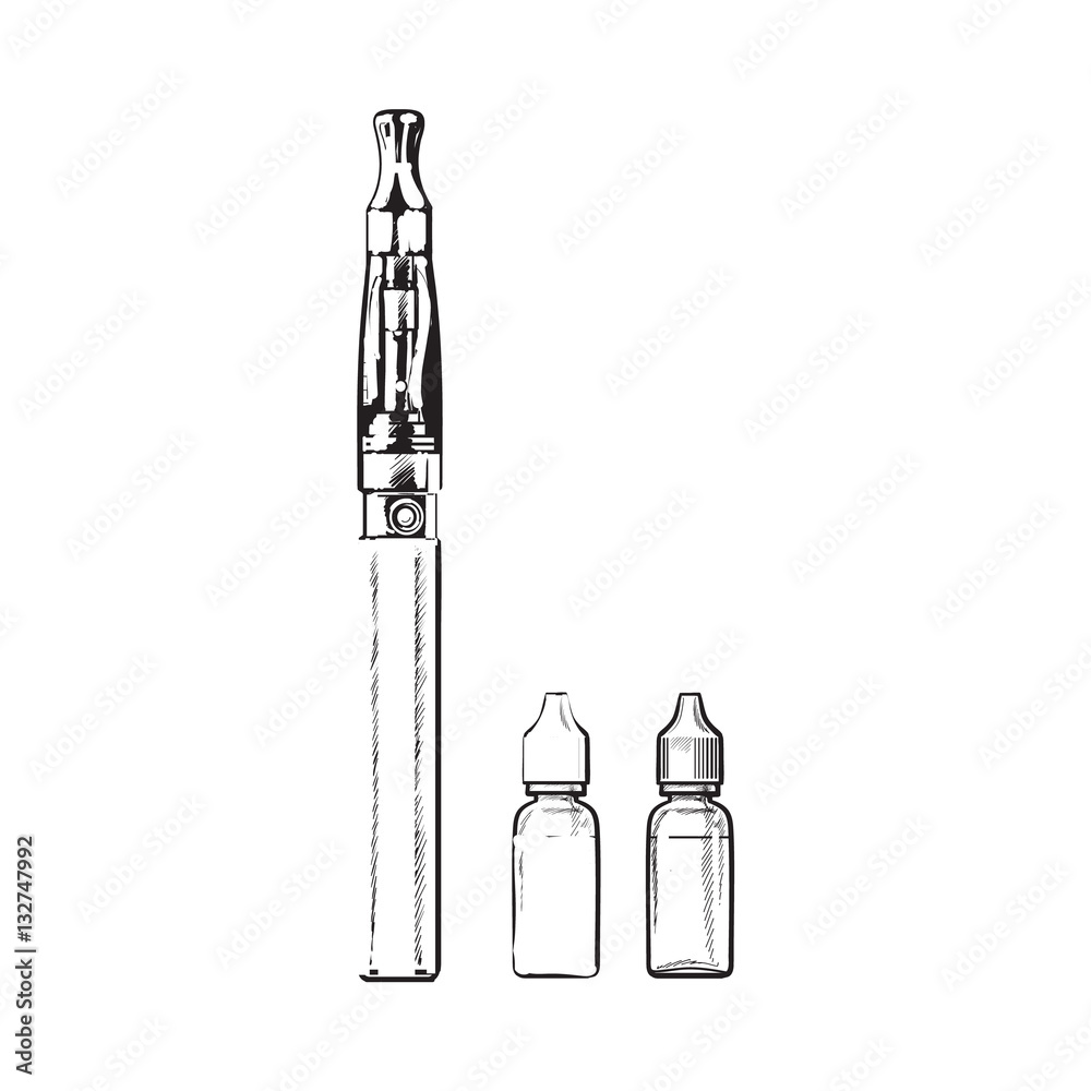Electronic cigarette or vapor with refill liquid bottles, sketch vector  illustration isolated on white background. Realistic hand-drawing of vapor  or vaporizer and two bottles of e-liquid for refill Stock Vector | Adobe