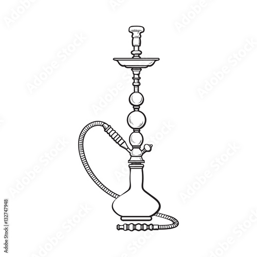 Blue Eastern, Turkish, Arabic, Persian glass and metal hookah, sketch vector illustration isolated on white background. Realistic hand-drawing hookah, smoking attribute