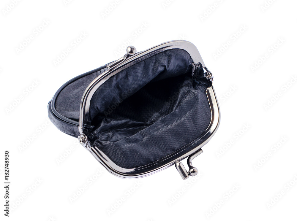 Naklejka premium Open empty black purse on white background.