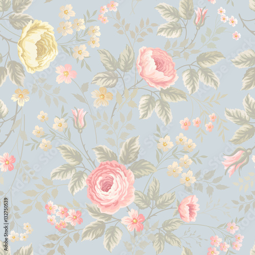 seamless floral pattern with roses on blue background