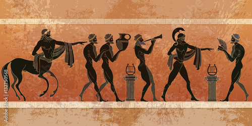 Ancient Greece scene. Black figure pottery.