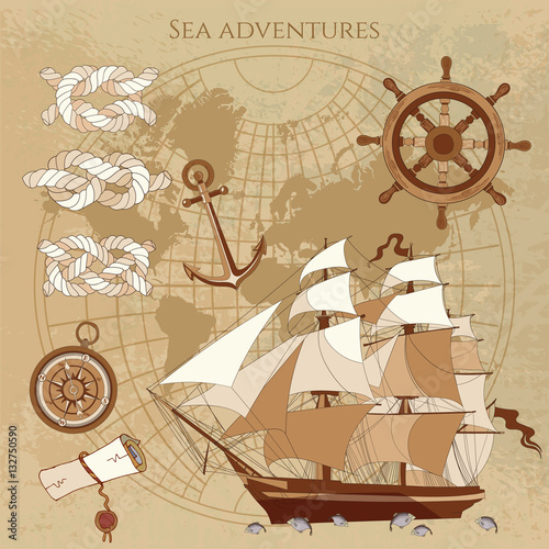 Old pirate map. Sailing ship, old compass, anchor, pirate