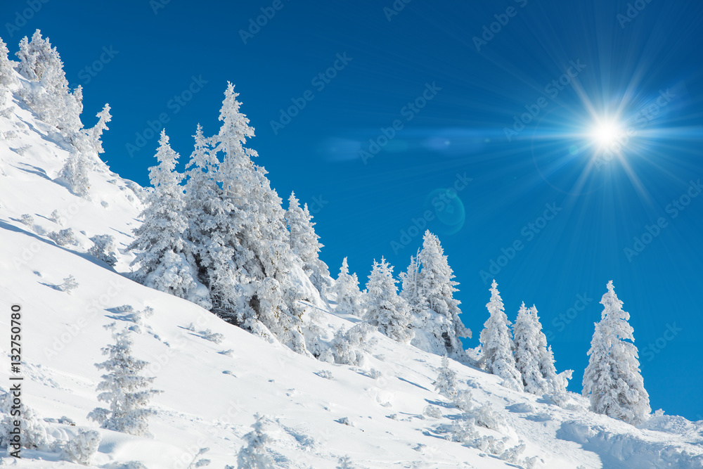 Winter mountains panorama with ski slopes.