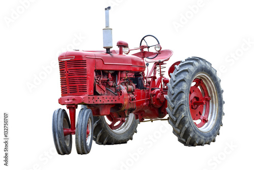 Old Red Work Tractor Isolated On White