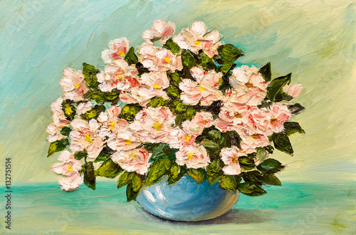 Oil painting of spring flowers in a vase on canvas, art work