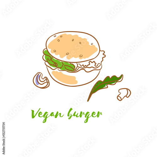 Vegan burger/ Vector drawing vegan burger. Vegetarian bun with green lettuce, onions, mushrooms and arugula