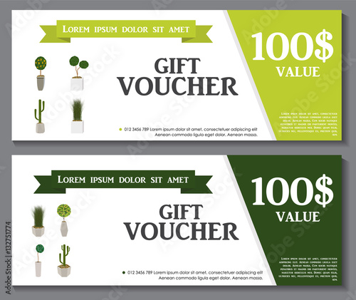 Fototapeta Naklejka Na Ścianę i Meble -  Gift Voucher Template with Green Plant in flowerpot. Discount Co