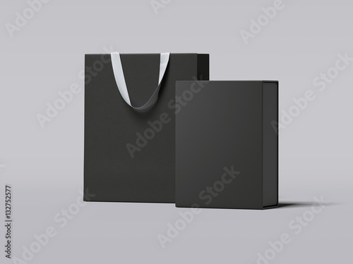 Black box and luxury shopping bag. 3d rendering