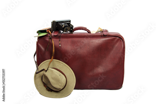 Old brown leather suitcase ready for travelling