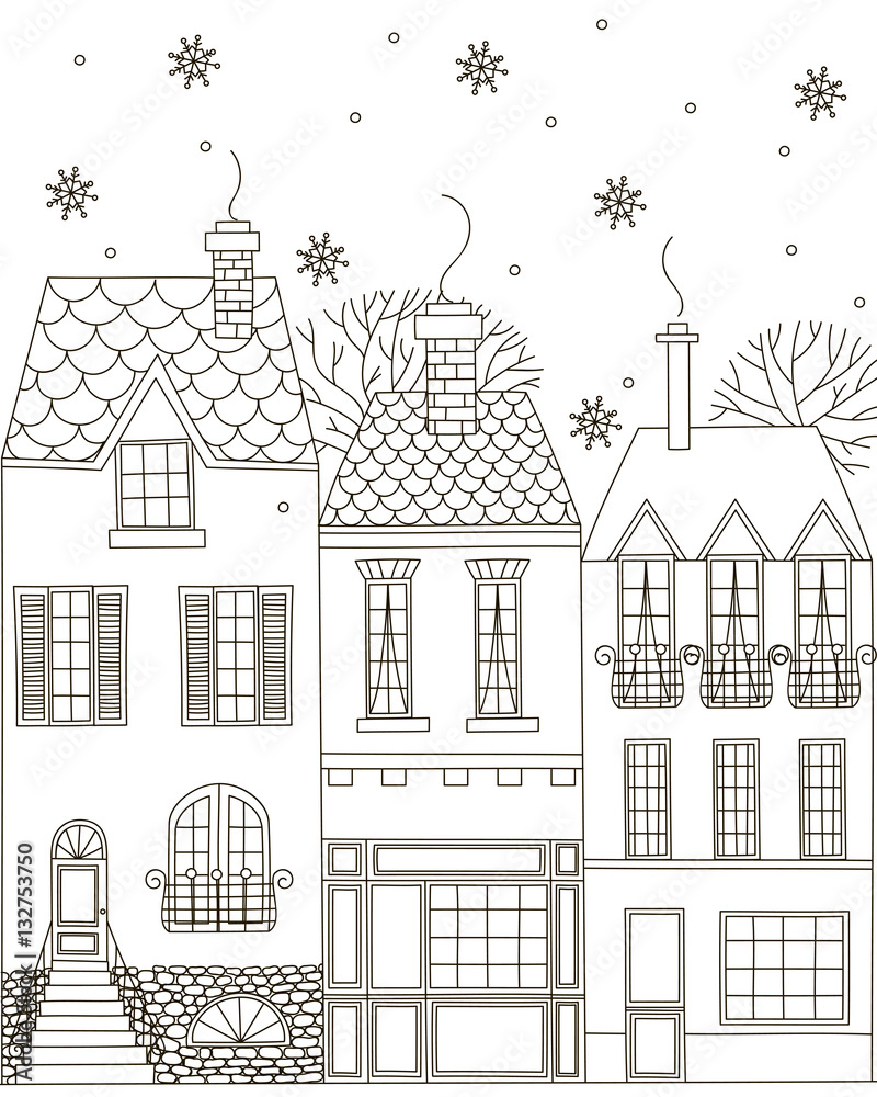 Winter town. Coloring Book. Winter town. Coloring Book.