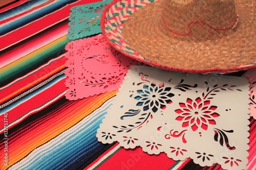 poncho sombrero background fiesta serape cinco de mayo decoration bunting papel picado striped pattern copy space stock  photo  photograph  picture  image