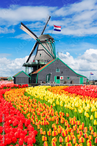 traditional Dutch windmill of Zaanse Schans with dutch flag, Netherlands