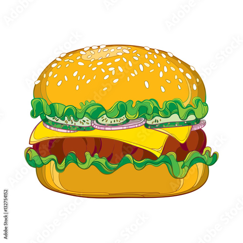 Vector outline cheeseburger with cheese, grilled beef, cucumber slice, lettuce salad, onion and sesame seed isolated on white background. Fast food elements in contour style for design food menu. 