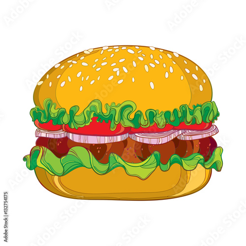 Vector illustration of outline classic hamburger with grilled beef, tomatoes, lettuce, onion and sesame seed isolated on white background. Fast food elements in contour style for design food menu. 