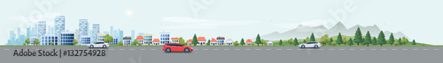 Urban Landscape Street Road with Cars and City Nature Background