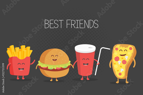 Cute fast food burger, soda, french fries and pizza