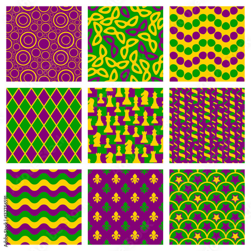 Set of seamless patterns for Mardi Gras. Traditional colors. Mask, chess, fleur de lis, circle and wave.