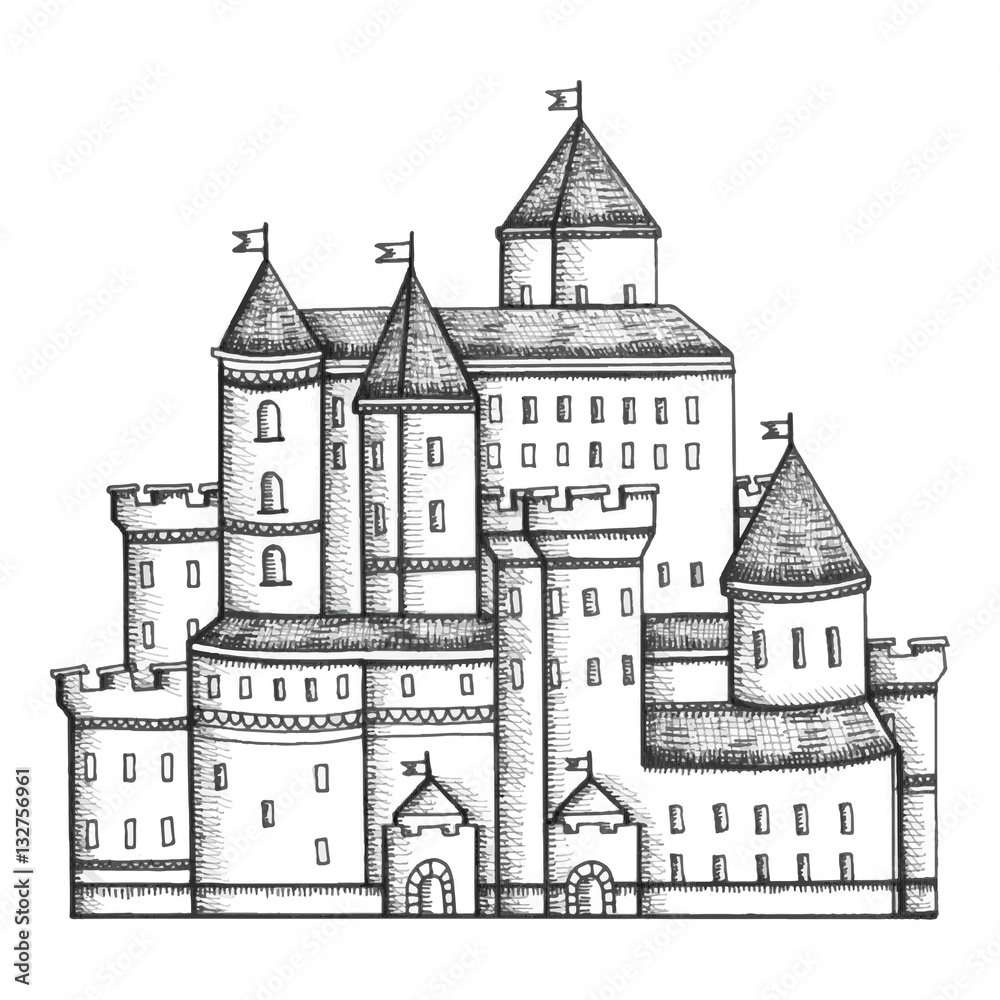 old stone castle with towers drawing. vector illustration