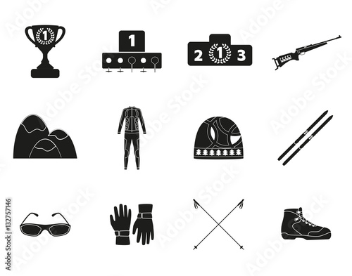 Biathlon. Silhouette icon set of equipment, wear and shoes. Vector illustration.
