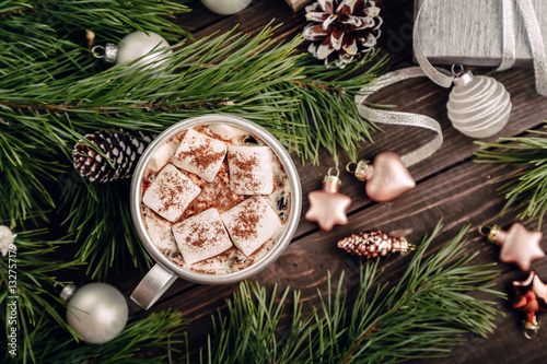 Marshmallow coffee on the Christmas background