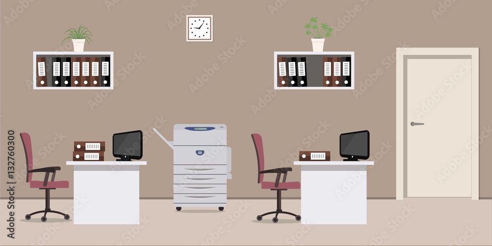 Office room in a cocoa color. There are white tables, purple chairs, a copy machine, computers, shelves with folders and other objects in the picture. Vector flat illustration. Office room in a cocoa color. There are white tables, purple chairs, a copy machine, computers, shelves with folders and other objects in the picture. Vector flat illustration.