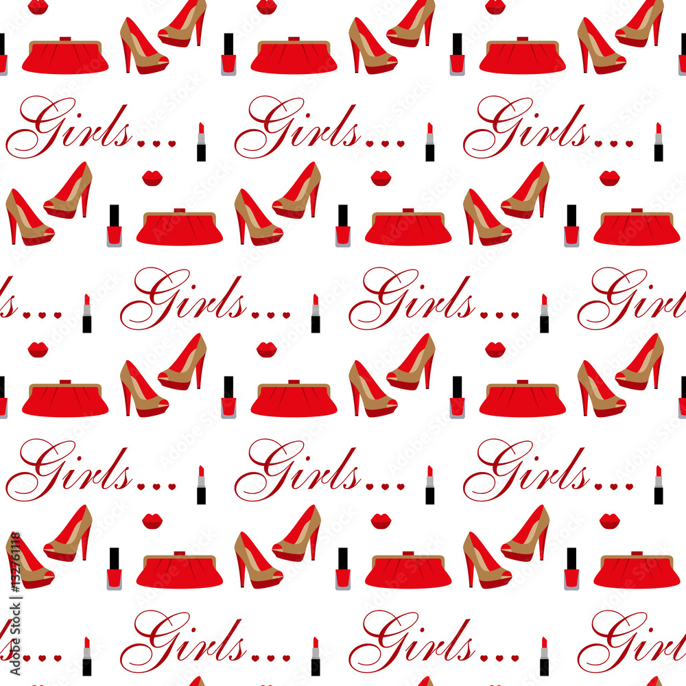 Cosmetics, shoes, bag. Seamless pattern. Cosmetics, shoes, bag. Seamless pattern.